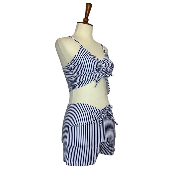 Sporty Blue and White Striped Drawstring Bikini with Boy Shorts - Picture 9 of 14